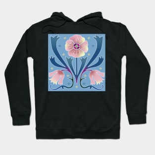 Pattern of pink Art Nouveau flowers on a light blue background Hoodie